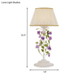 Korean Flower 1-Head Nightstand Lamp With White Fabric Shade For Bedroom