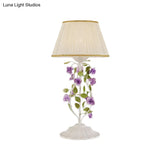 Korean Flower 1-Head Nightstand Lamp With White Fabric Shade For Bedroom