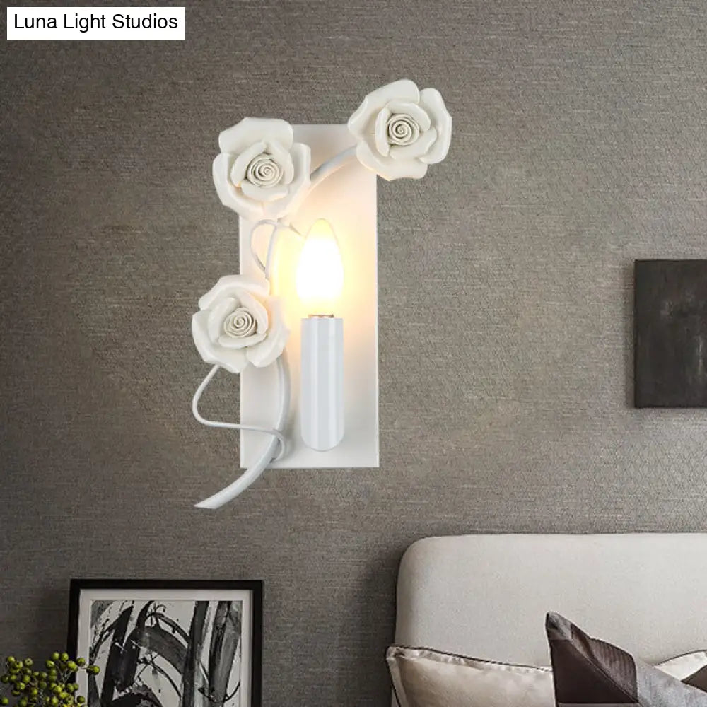Korean Garden Iron Candle Sconce: White Wall Mount Lamp With Carved Rose Décor