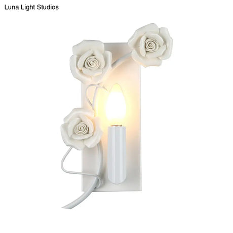 Korean Garden Iron Candle Sconce: White Wall Mount Lamp With Carved Rose Décor