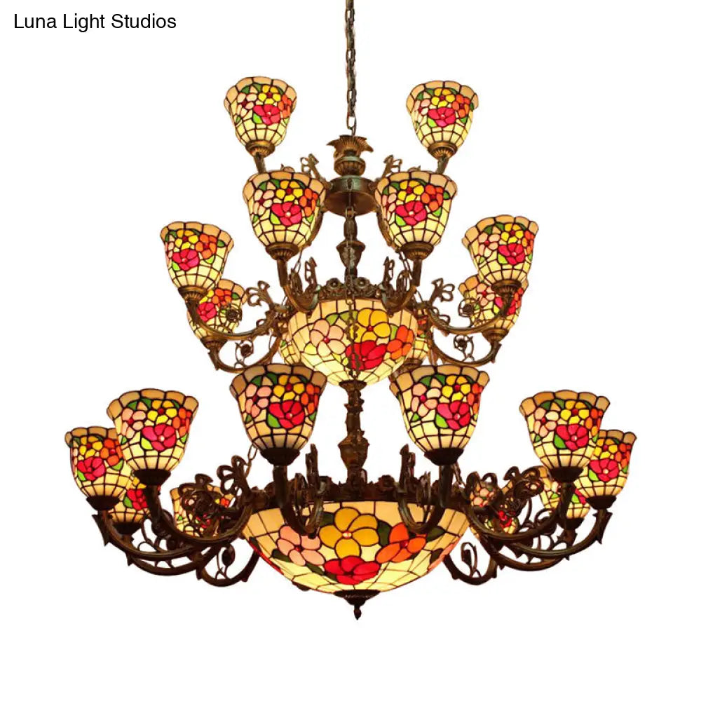Large 3-Tier Rustic Stained Glass Floral Ceiling Chandelier Pendant