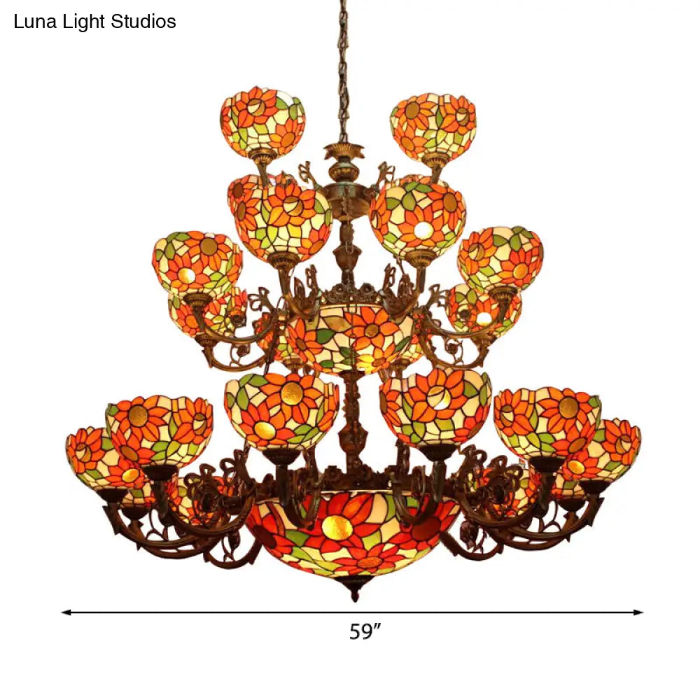 Large 3-Tier Rustic Stained Glass Floral Ceiling Chandelier Pendant