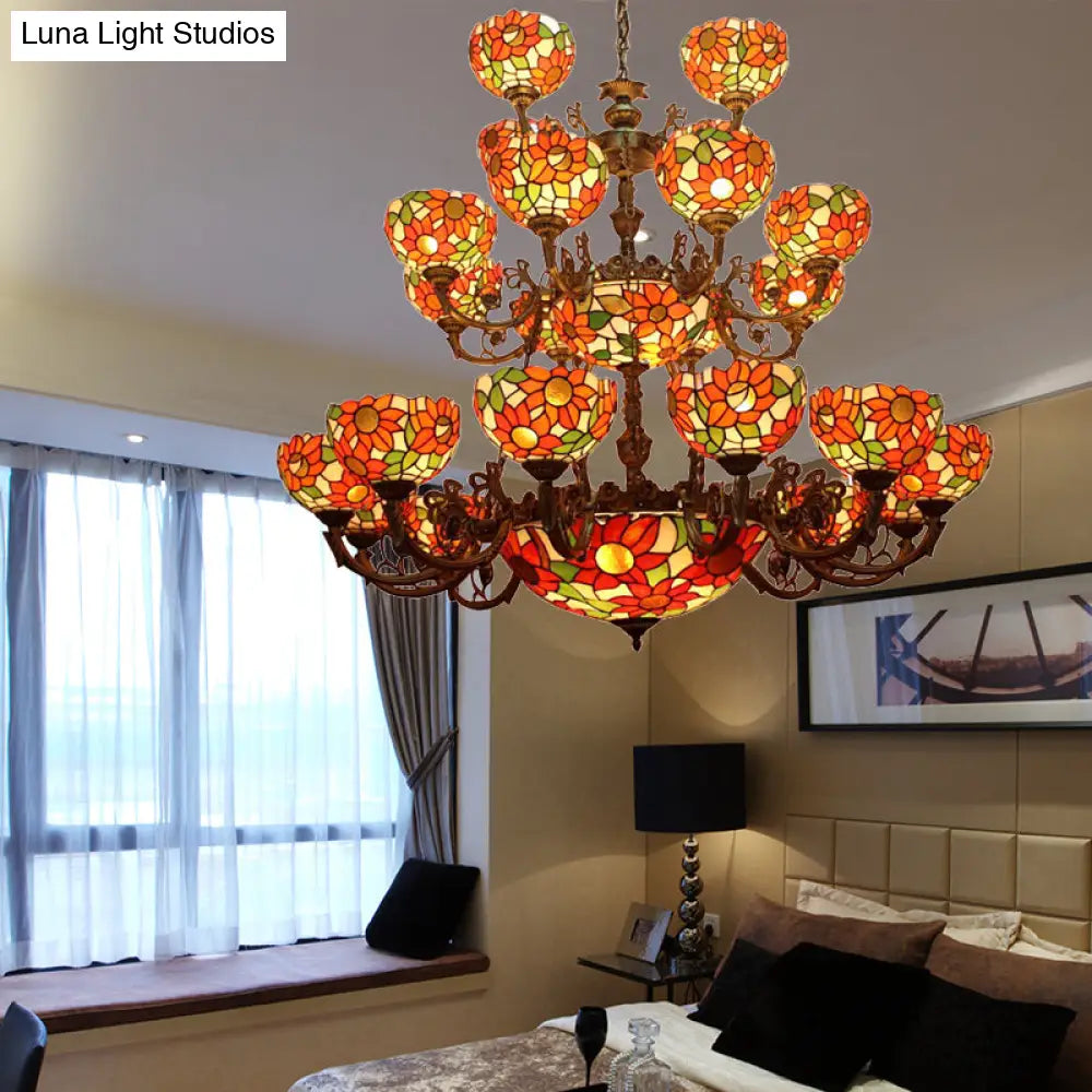 Large 3-Tier Rustic Stained Glass Floral Ceiling Chandelier Pendant