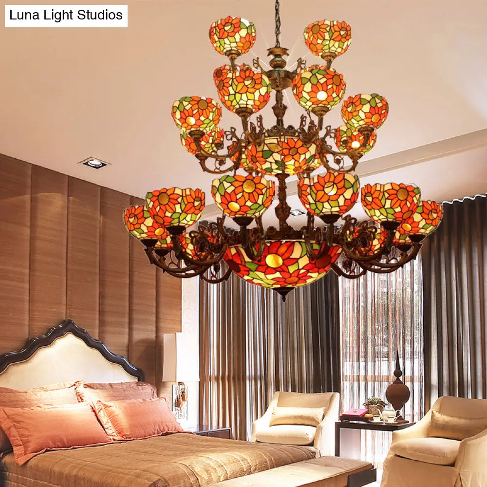 Large 3-Tier Rustic Stained Glass Floral Ceiling Chandelier Pendant