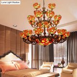 Large 3-Tier Rustic Stained Glass Floral Ceiling Chandelier Pendant