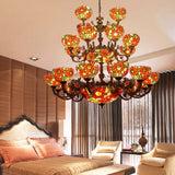 Large 3-Tier Rustic Stained Glass Floral Ceiling Chandelier Pendant Orange