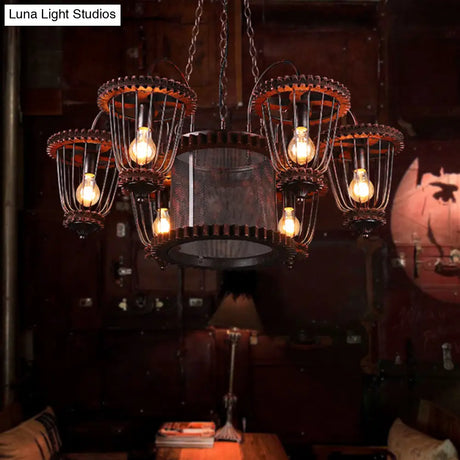 Large Cage Chandelier: Industrial Style Pendant Light Fixture In Wrought Iron With Rust Finish