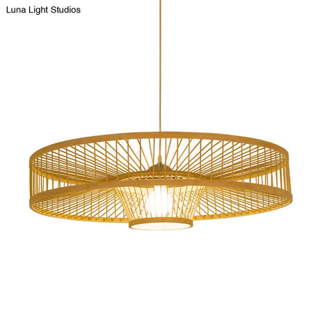 Laser Cut Bamboo Pendant Light With Japanese-Inspired Design In Beige