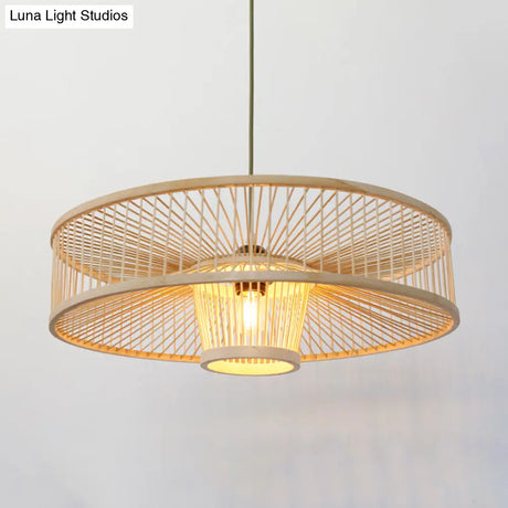 Laser Cut Bamboo Pendant Light With Japanese-Inspired Design In Beige