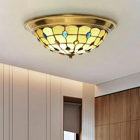 Lattice Bowl Flushmount Led Stained Glass Tiffany Style Ceiling Fixture In Brass Various Sizes / 16’