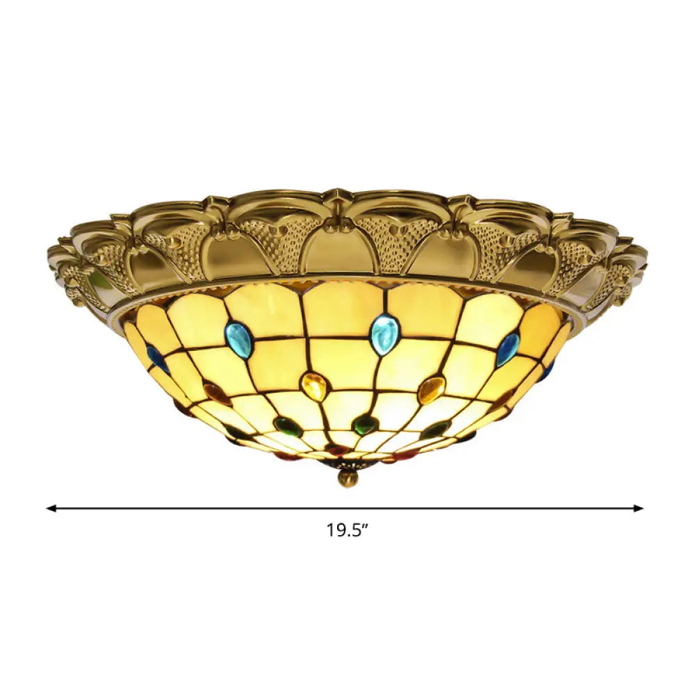 Lattice Bowl Flushmount Led Stained Glass Tiffany Style Ceiling Fixture In Brass Various Sizes