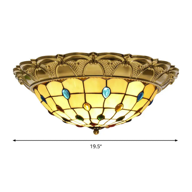 Lattice Bowl Flushmount Led Stained Glass Tiffany Style Ceiling Fixture In Brass Various Sizes