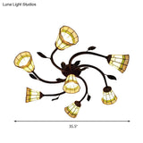Leaf Design Tiffany Glass Ceiling Light - Rustic Cone Shade Swirl Arm Semi Flush Mount 7 Lights