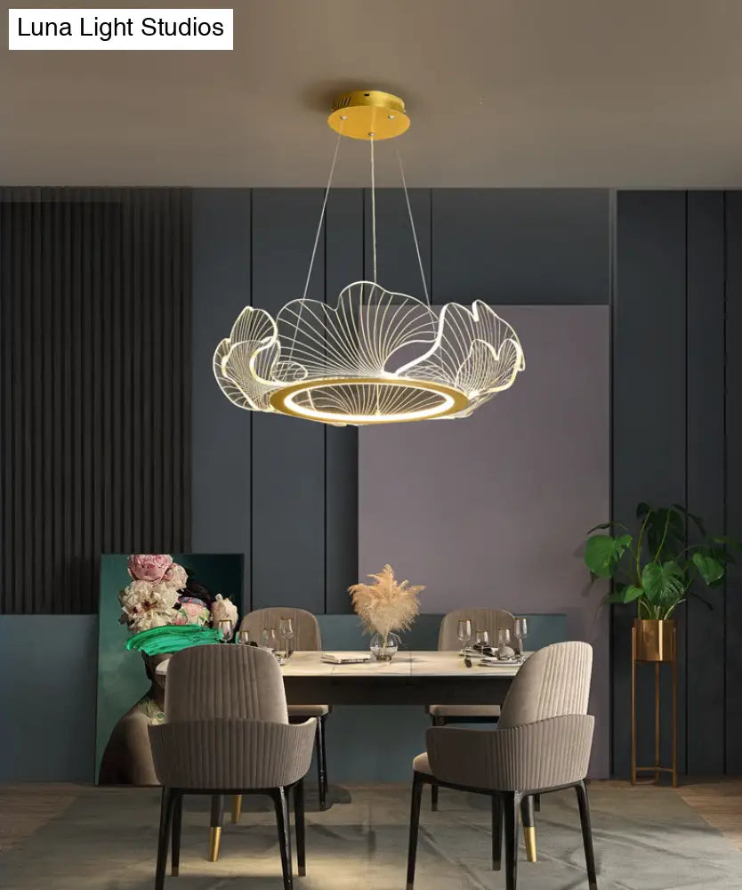 Led Acrylic Leaf Chandelier In Simplicity Gold Finish - Dining Room Pendant Light