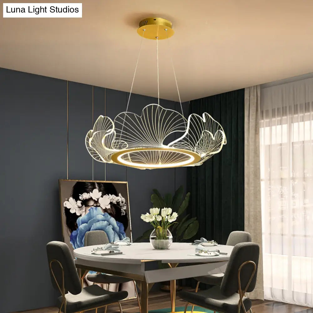 Led Acrylic Leaf Chandelier In Simplicity Gold Finish - Dining Room Pendant Light
