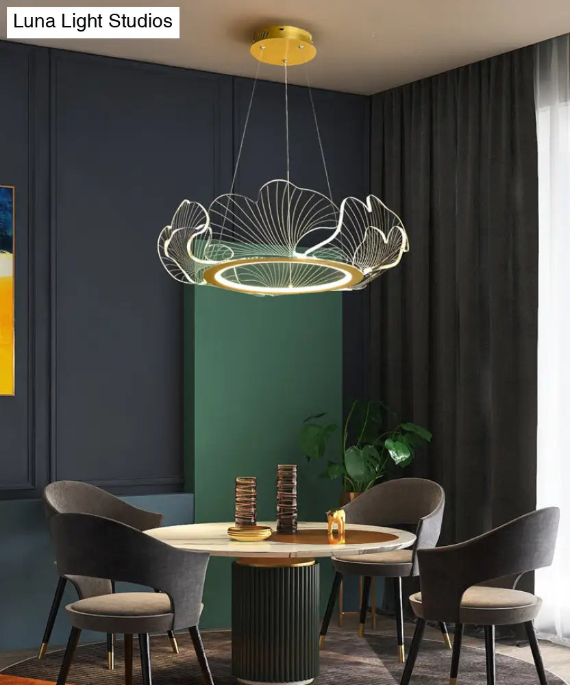 Led Acrylic Leaf Chandelier In Simplicity Gold Finish - Dining Room Pendant Light