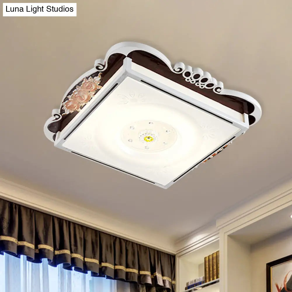 Led Acrylic Square Design Traditional Style Flush Mount Bedroom Ceiling Light With Carved Flower -