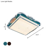 Led Acrylic Square Design Traditional Style Flush Mount Bedroom Ceiling Light With Carved Flower -
