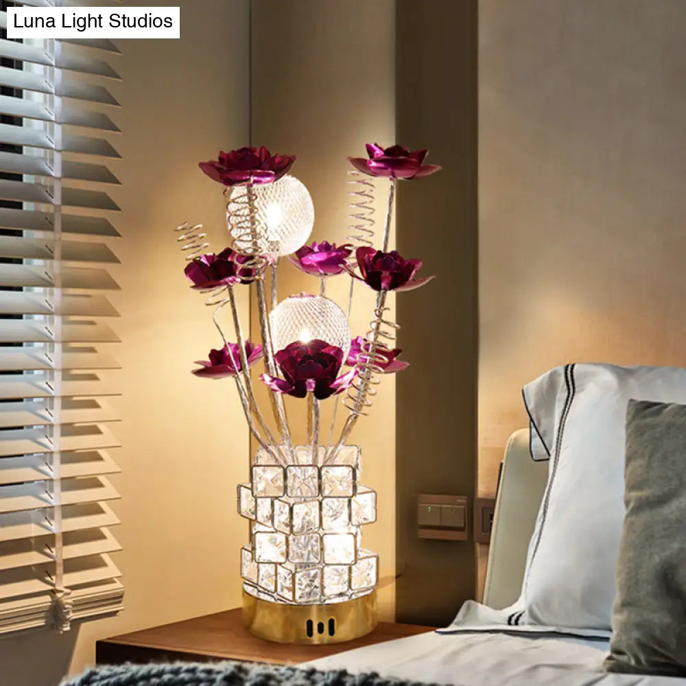 Led Aluminum Table Lamp With Crystal Block Base In Purple/Red - Art Decor Floral Design For Bedside