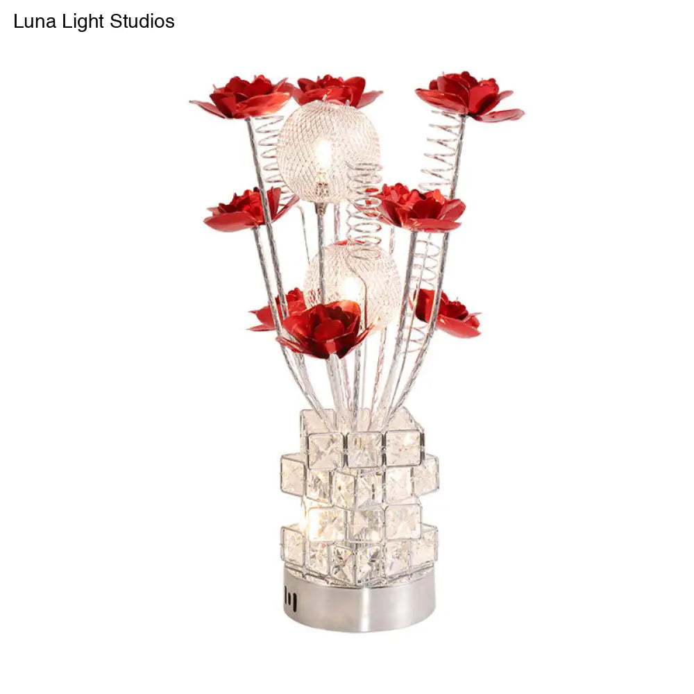 Led Aluminum Table Lamp With Crystal Block Base In Purple/Red - Art Decor Floral Design For Bedside