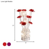 Led Aluminum Table Lamp With Crystal Block Base In Purple/Red - Art Decor Floral Design For Bedside