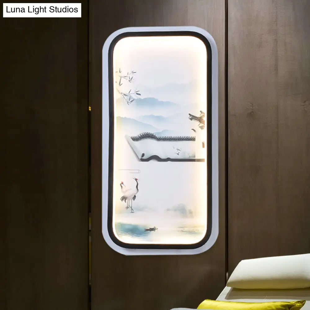 Led Asian Black-White Mural Wall Light Fixture With Landscape Painting Fabric Shade For Parlor