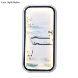 Led Asian Black-White Mural Wall Light Fixture With Landscape Painting Fabric Shade For Parlor