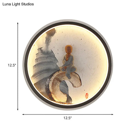 Led Asian Buddha Boy Mural Lamp: Wall Mounted Aluminum Lighting With Black Halo Ring - Ideal For