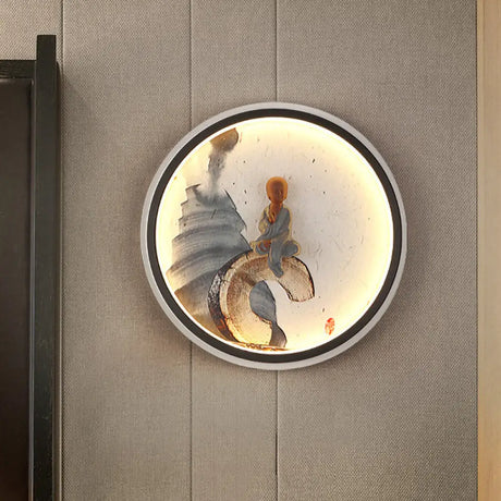 Led Asian Buddha Boy Mural Lamp: Wall Mounted Aluminum Lighting With Black Halo Ring - Ideal For
