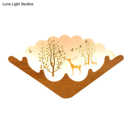 Led Asian Style Acrylic Fan Shaped Wall Lamp With Elk Deer & Forest Pattern