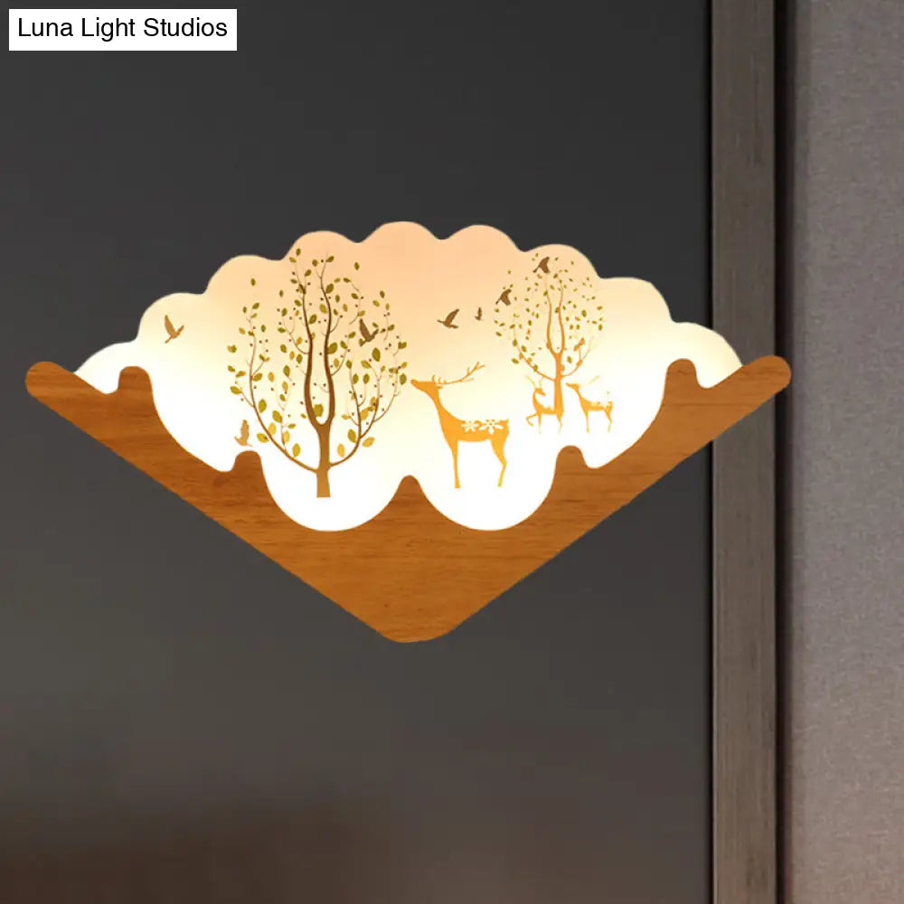 Led Asian Style Acrylic Fan Shaped Wall Lamp With Elk Deer & Forest Pattern