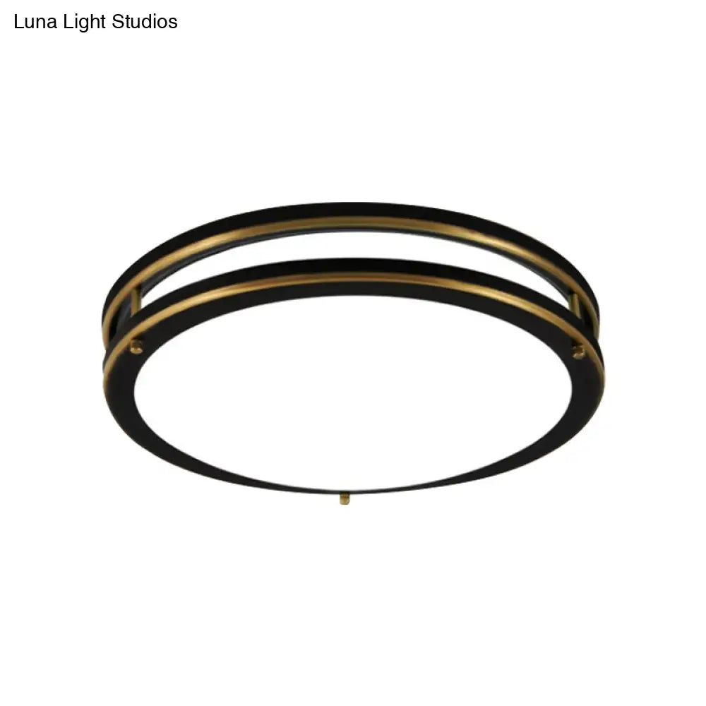 Led Ceiling Mount Drum Flush Light Fixture For Corridor - Black/Brass Finish With Warm/White