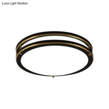 Led Ceiling Mount Drum Flush Light Fixture For Corridor - Black/Brass Finish With Warm/White