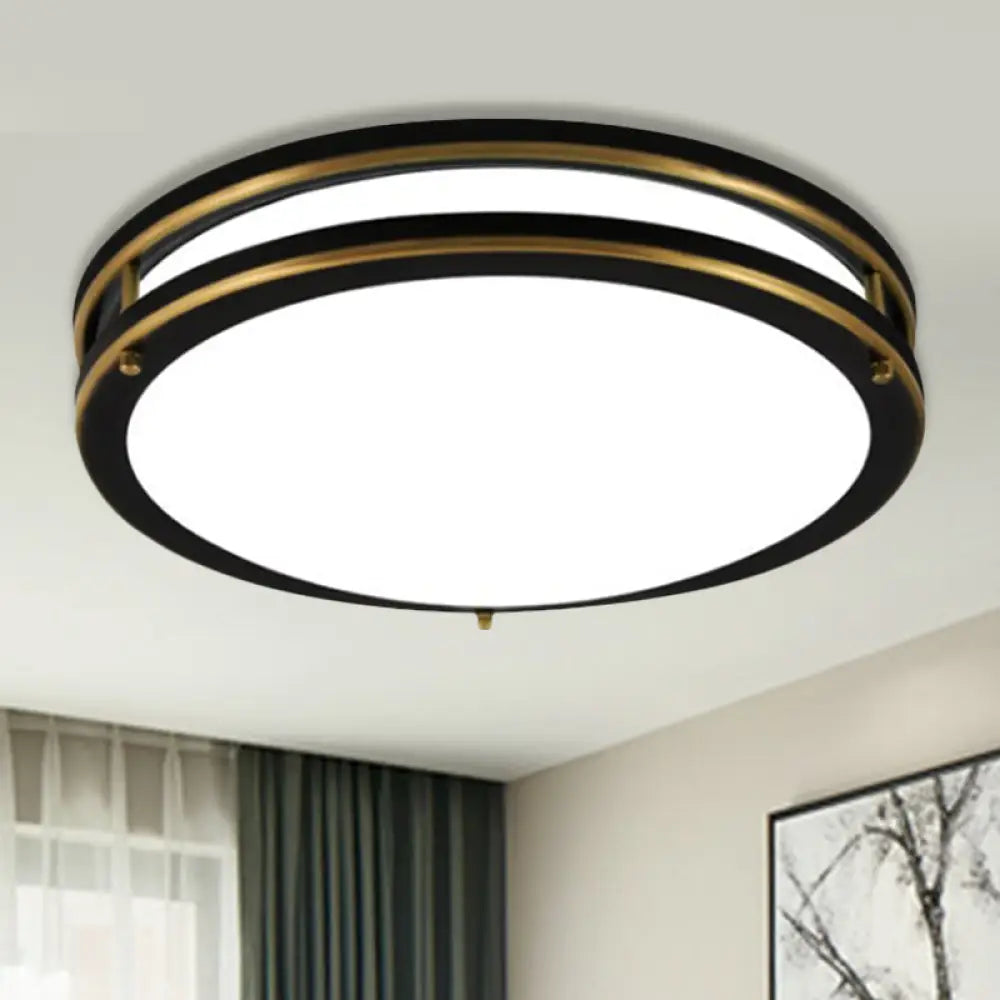Led Ceiling Mount Drum Flush Light Fixture For Corridor - Black/Brass Finish With Warm/White