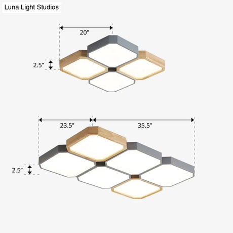 Led Checkered Ceiling Light: Nordic Grey Metal And Wood Fixture For Living Room