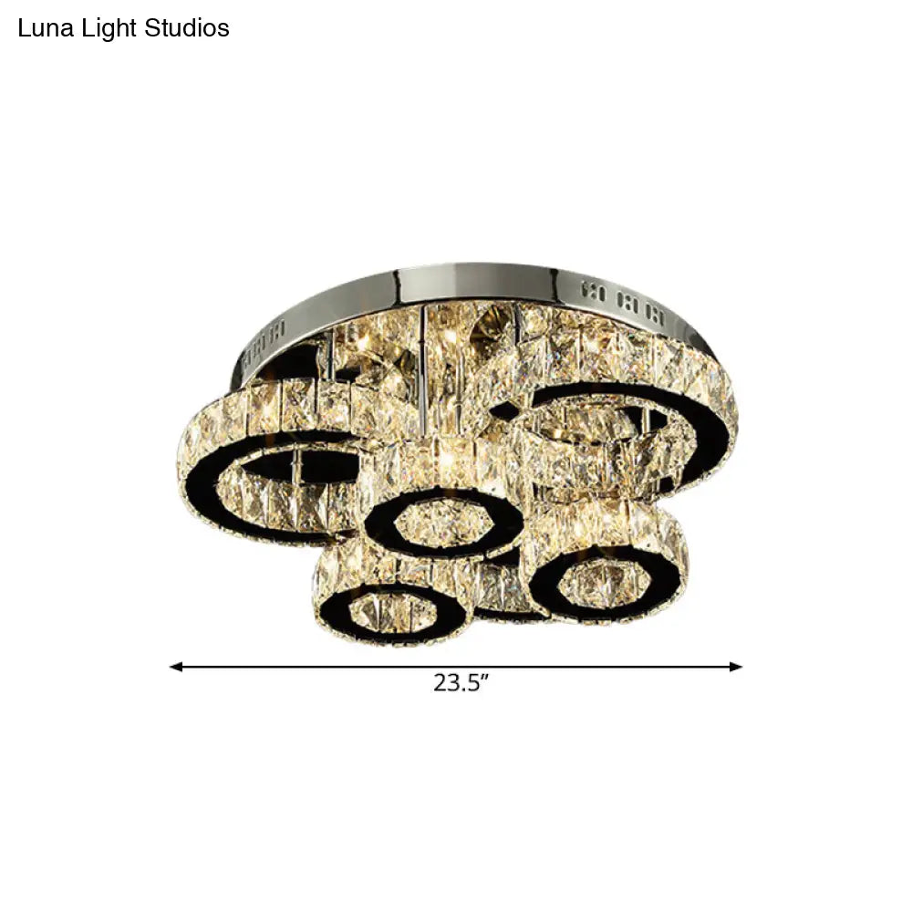 Led Chrome Circles Semi - Flush Mount Ceiling Light With Crystal Block Shade - Warm/White Lighting