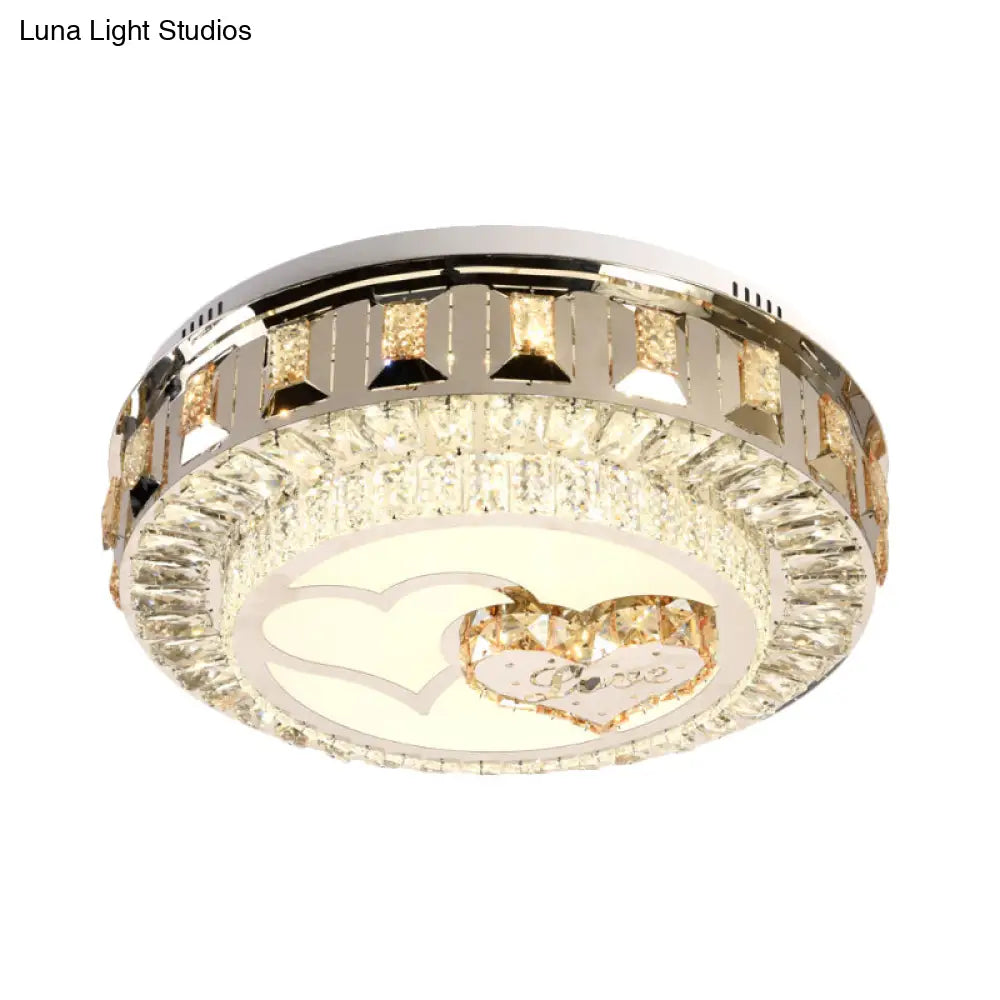 Led Chrome Flush Mount Ceiling Lighting With Stainless Steel Drum Shape And Crystal Accents