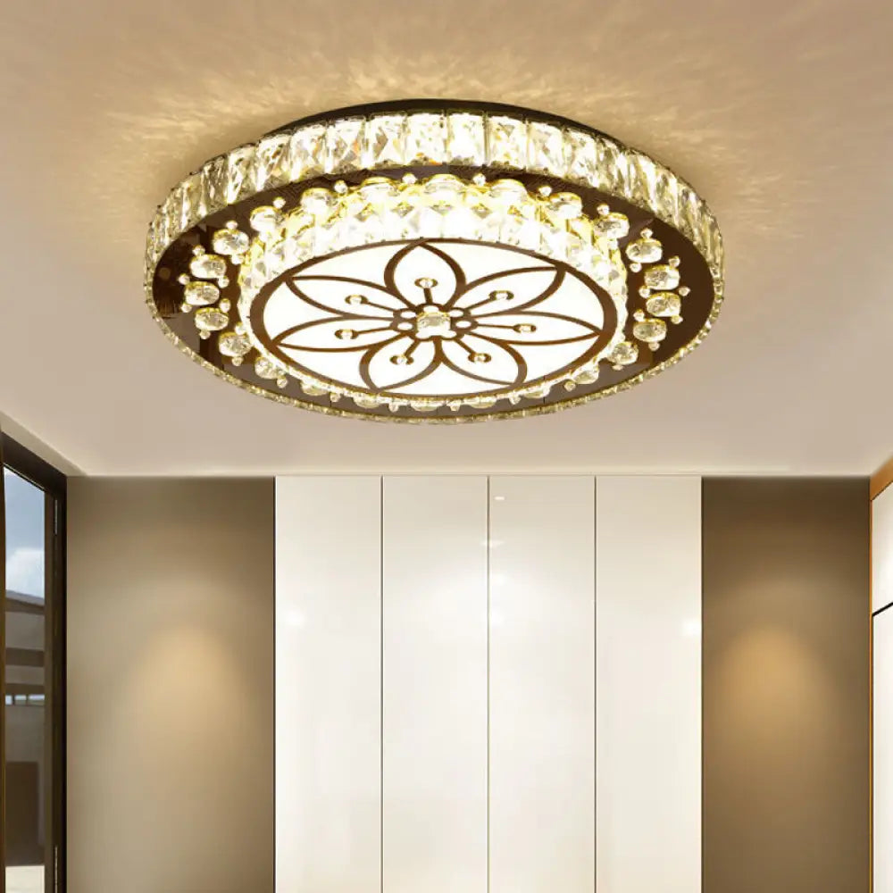 Led Crystal Flower Ceiling Light In Modern 2 - Layered Round Flush Mount Design - Nickel