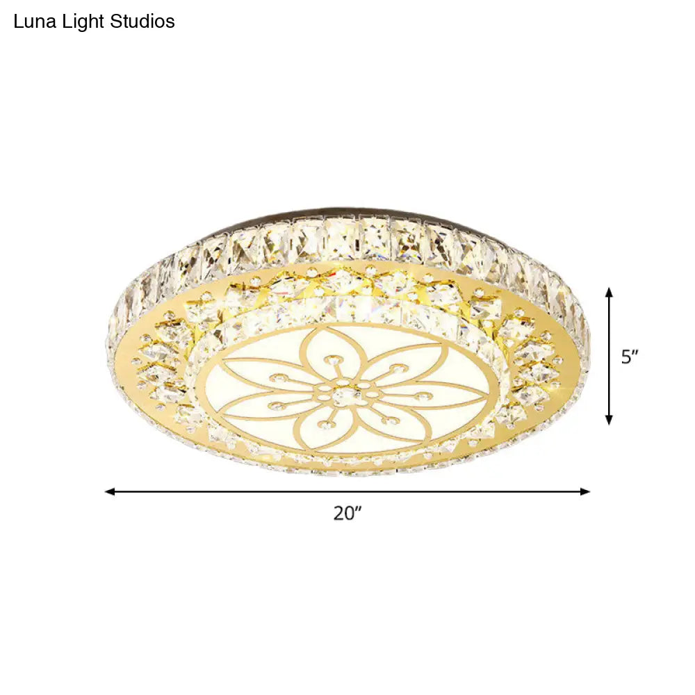 Led Crystal Flower Ceiling Light In Modern 2 - Layered Round Flush Mount Design - Nickel