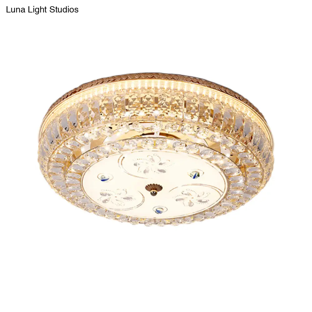 Led Drum Flush Light: Modern Crystal Ceiling Fixture With Gold Flower/Butterfly Pattern