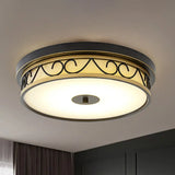 Led Drum Flush Mount Lamp - Traditional Black Frosted Glass Ceiling Light