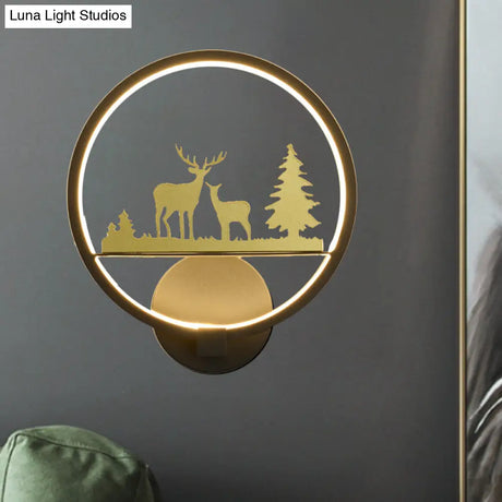 Led Elk Patterned Wall Mural Light: Minimalist Black Lighting Idea With Metallic Shade