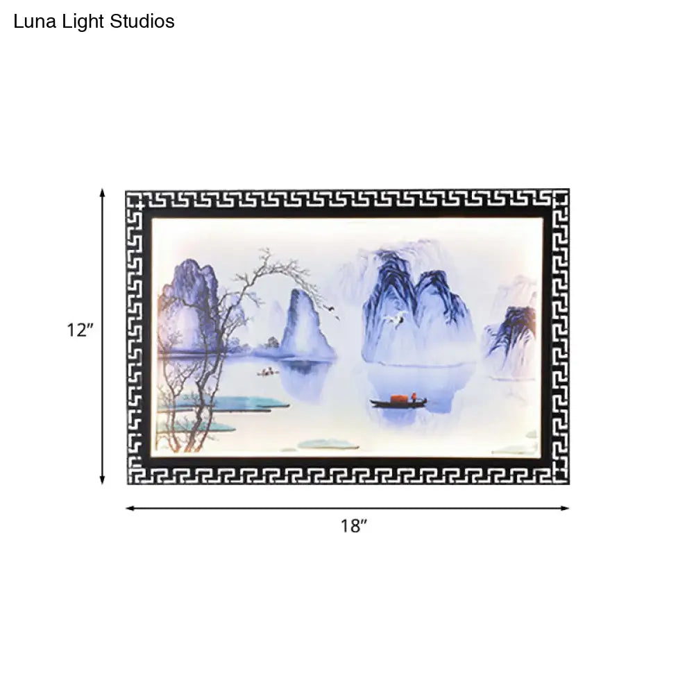 Led Fabric Wall Lamp With Dark Blue Mountain Scene Mural For Family Room