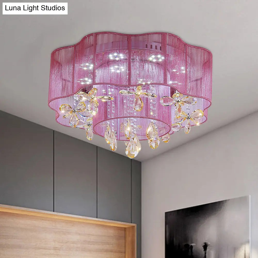 Led Flower Ceiling Light With Crystal Drops - Gold/Pink Modern 2 - Layer Fabric Mount