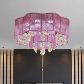 Led Flower Ceiling Light With Crystal Drops - Gold/Pink Modern 2 - Layer Fabric Mount Pink
