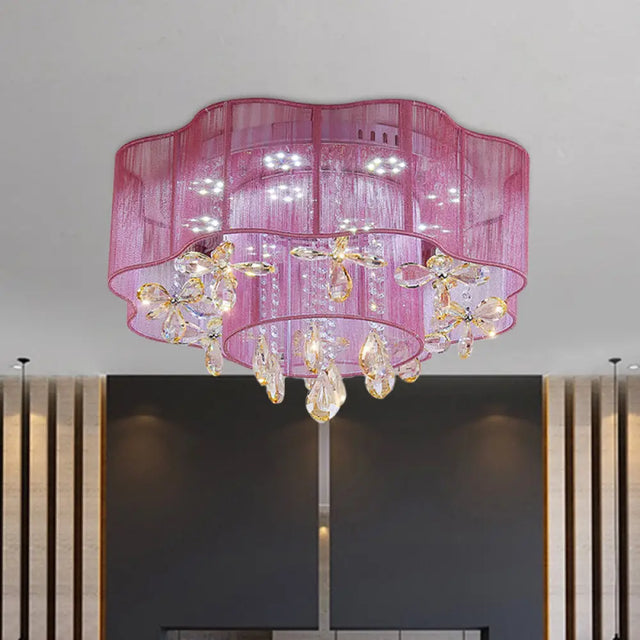 Led Flower Ceiling Light With Crystal Drops - Gold/Pink Modern 2 - Layer Fabric Mount Pink