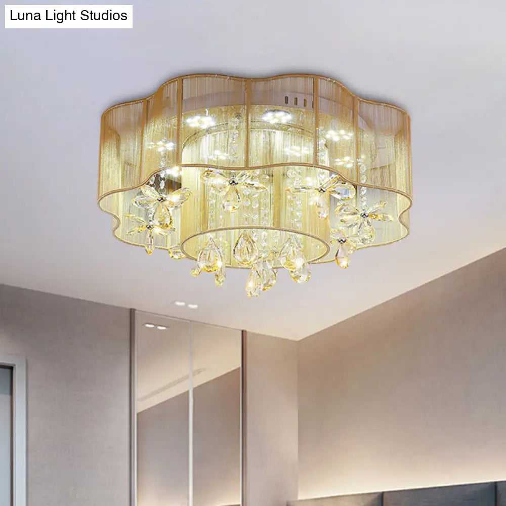 Led Flower Ceiling Light With Crystal Drops - Gold/Pink Modern 2 - Layer Fabric Mount