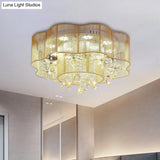Led Flower Ceiling Light With Crystal Drops - Gold/Pink Modern 2 - Layer Fabric Mount