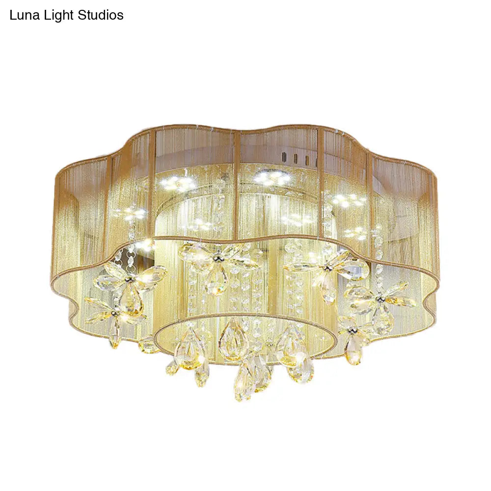 Led Flower Ceiling Light With Crystal Drops - Gold/Pink Modern 2 - Layer Fabric Mount