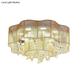 Led Flower Ceiling Light With Crystal Drops - Gold/Pink Modern 2 - Layer Fabric Mount